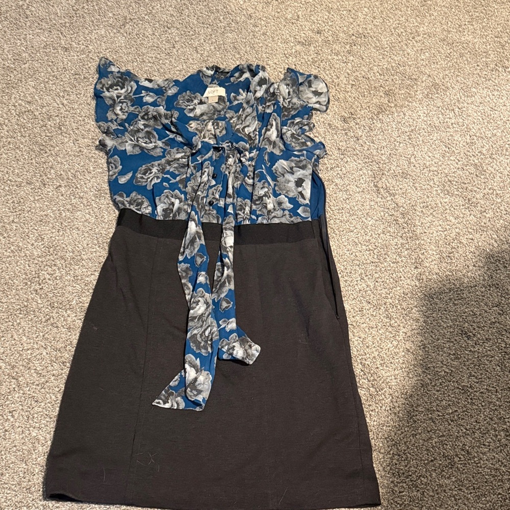 LOFT Blue and Black Floral Midi Dress